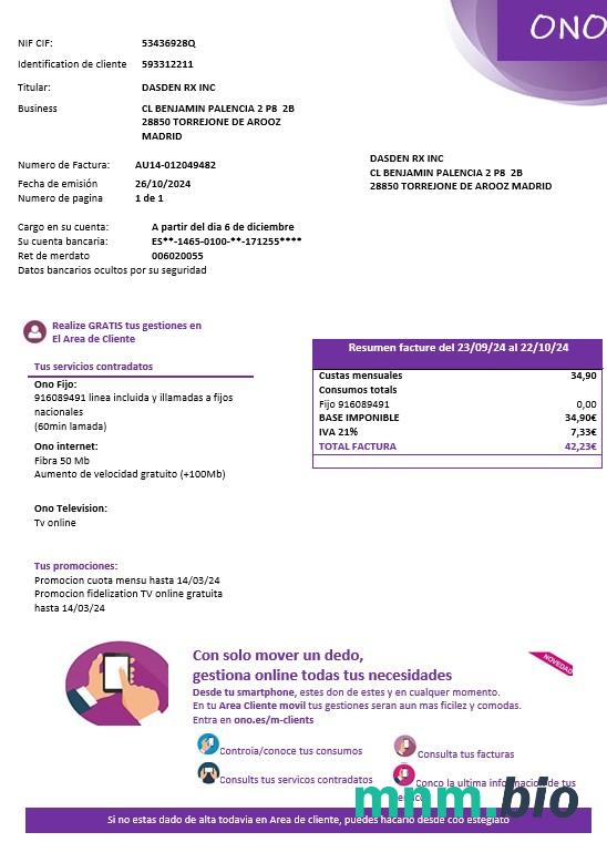 Hiszpania ONO łatwy do wypełnienia szablon rachunku za media Biznesowe w formatach Word i PDF